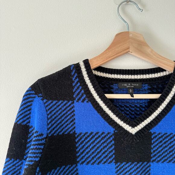 Rag & Bone Gabby Wool Buffalo Check V-Neck Pullover Sweater Blue/Black S - Picture 5 of 10